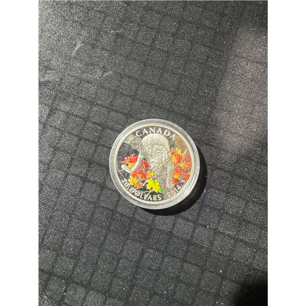 2014 Canada $20 Coloured Maple Leaves Cougar 99.99% Silver Coin