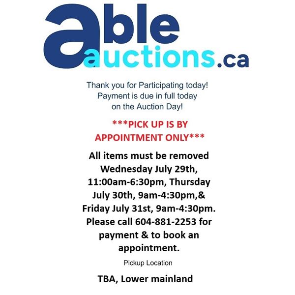 All items must be removed by Wed July 29, 11am-4:30, Thurs & Friday July 30 & 31, 9am-4:30pm