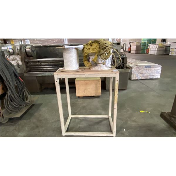METAL FRAME WOOD TOP TABLE WITH ASSORTED ROPE TABLE MEASURES APPROX 29"L X 18"D X 35"H