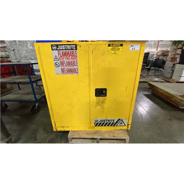 JUSTRITE SURE-GRIP YELLOW METAL 2 DOOR FLAMMABLE LIQUID STORAGE CABINET APPROX 43"W X 18"D X 44"H