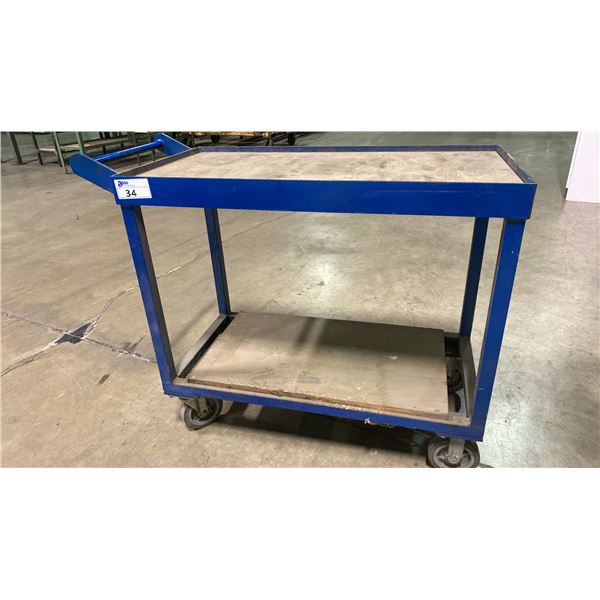 BLUE METAL FRAME WOOD TOP 2 TIER MOBILE SHOP CART