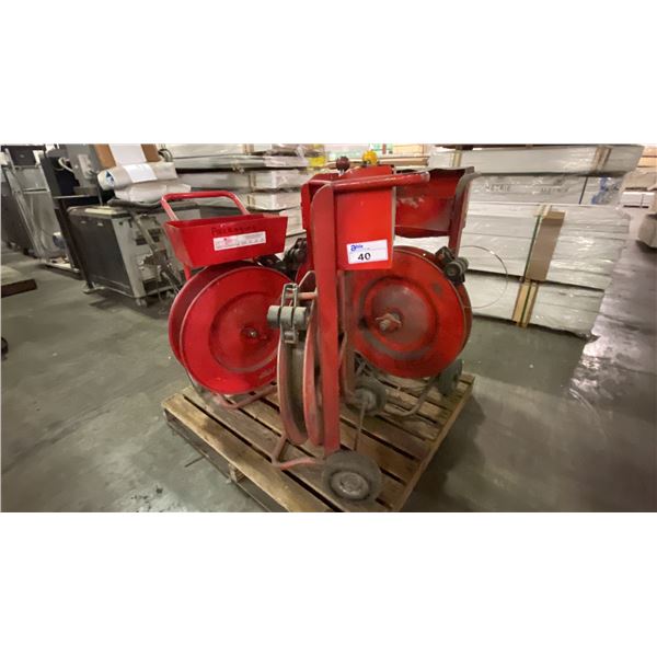PALLET OF 4 METAL MOBILE BANDING/STRAPPING CARTS WITH 2 TENSIONERS