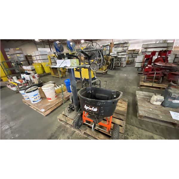PALLET OF ASSORTED SHOP ITEMS- CUSTOM DOLLY, PAINT SHAKER, AIR RAMS & SALT SPREADER