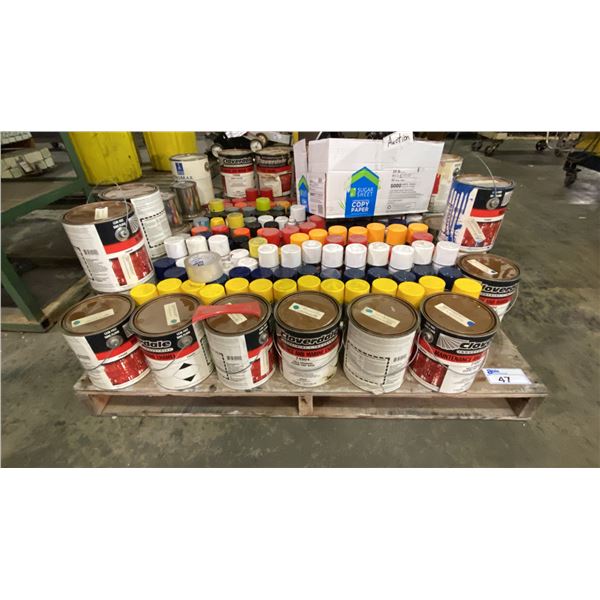 PALLET OF MAINTENANCE & MARINE ENAMEL, SPRAY PAINT, INTERIOR PAINTS, BOX OF DEDOS PAINT MIXING LIDS