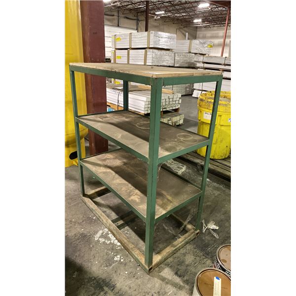 GREEN METAL FRAME WOOD TOP SHELVING UNIT APPROX 40"W X 22"D X 51"H