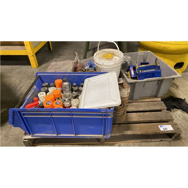 PALLET OF ASSORTED SHOP ITEMS- LUBRICATORS, SPRAY LUBRICANTS, PARTS & MORE