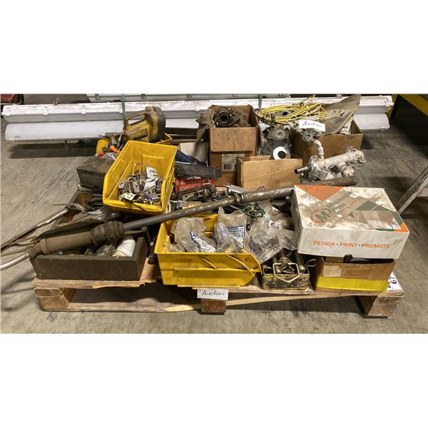 PALLET OF ASSORTED SHOP ITEMS- PNEUMATIC TOOLS, PARTS, FITTINGS, HARDWARE & MORE