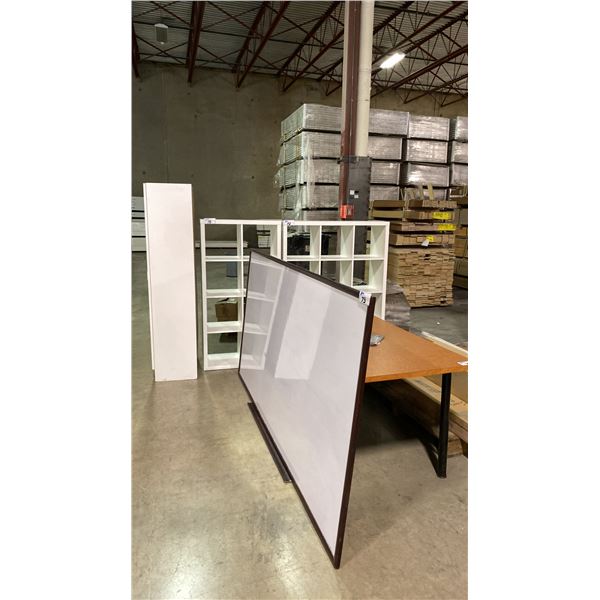 GROUP OF ASSORTED OFFICE FURNITURE- CABINET, BOOKSHELVES, TABLE & WHITEBOARD