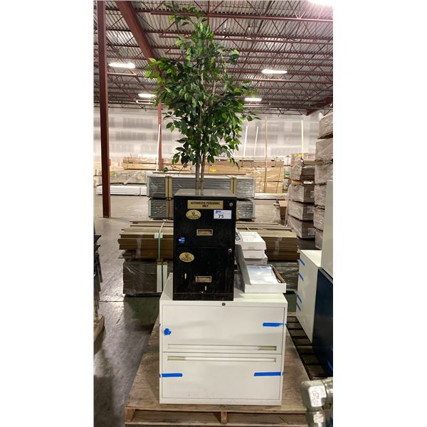 3 METAL 2 DRAWER FILING CABINETS, ULINE JOB TICKET HOLDERS & ARTIFICIAL DECORATIVE TREE