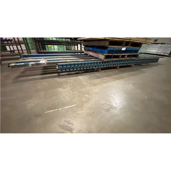 BLUE INDUSTRIAL PALLET RACKING- (2) 140" UPRIGHTS, (6) 16 FT SIDE RAILS & METAL SHELF BRACKETS