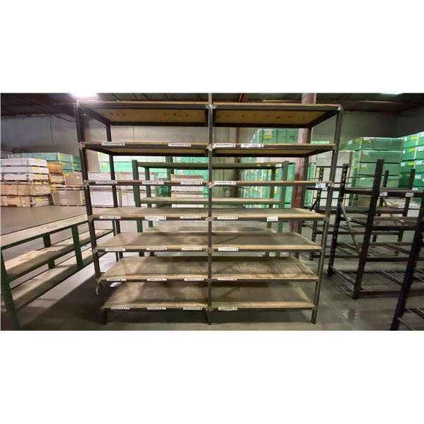 LARGE METAL FRAME WOOD TOP WELDED TOGETHER SHELVING UNIT- APPROX 101"L X 21"D X 95"H