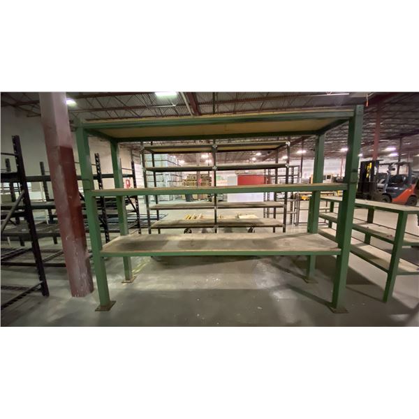 GREEN METAL WELDED TOGETHER WOOD TOP SHELVING UNIT APPROX 111"L X 23"D X 81"H