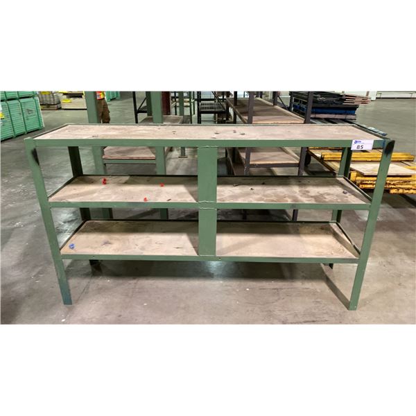 GREEN METAL FRAME WOOD TOP SHELVING UNIT APPROX 73"L X 18.5"D X 42"H