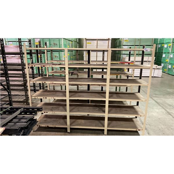 METAL FRAME WOOD TOP WELDED TOGETHER SHELVING UNIT APPROX 88"L X 19.5"D X 69"H