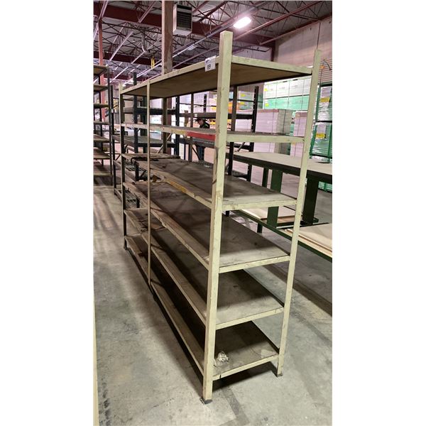 METAL FRAME WOOD TOP WELDED TOGETHER SHELVING UNIT APPROX 88"L X 19.5"D X 69"H