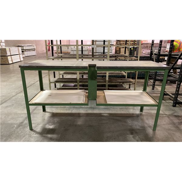 GREEN METAL FRAME 2 TIER WORK TABLE APPROX 86"L X 27"D X 43.5"H