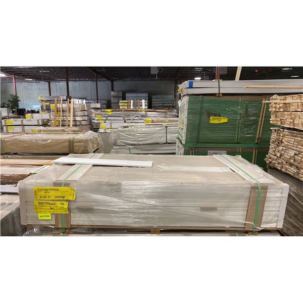 1 LIFT OF FLAT JAMB WITH BRITE WHITE EMBOSSED WOOD FINISH APPROX 38.5" & 82" LENGTHS, 126 PCS
