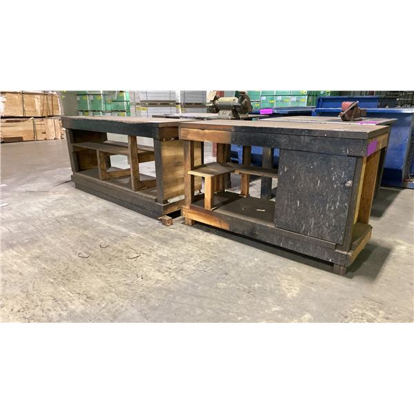 2 HEAVY DUTY WOODEN WORKSHOP TABLES APPROX 62"L/ 81"L X 24"D X 39"H