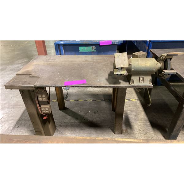 1" THICK TOP HEAVY DUTY METAL SHOP TABLE WITH BENCH GRINDER & POWER OUTLETS TABLE MEASURES APPROX