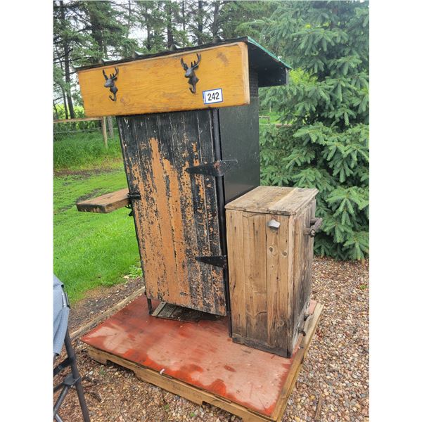 Masterbuilt elec. Smoker in homemade western style cabinet c/w tin roof and storage
