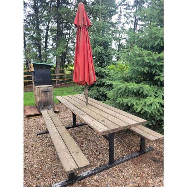 Approx. 8 ft. Steel constructed picnic table, treated wood c/w 8 ft. umbrella