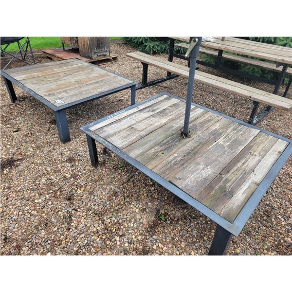 2- approx. 43 in. x 55 in. Steel tables, wood grain tops, 16 in. H, c/w 1- 8 ft. umbrella