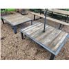 Image 1 : 2- approx. 43 in. x 55 in. Steel tables, wood grain tops, 16 in. H, c/w 1- 8 ft. umbrella
