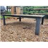 Image 3 : 2- approx. 43 in. x 55 in. Steel tables, wood grain tops, 16 in. H, c/w 1- 8 ft. umbrella