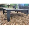 Image 4 : 2- approx. 43 in. x 55 in. Steel tables, wood grain tops, 16 in. H, c/w 1- 8 ft. umbrella