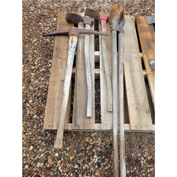 Pick axe, 2- antique adze implements from CN & post hole digger