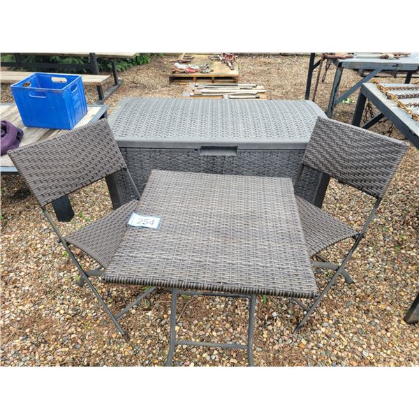 Wicker table, 2- chairs & plastic wicker deck box