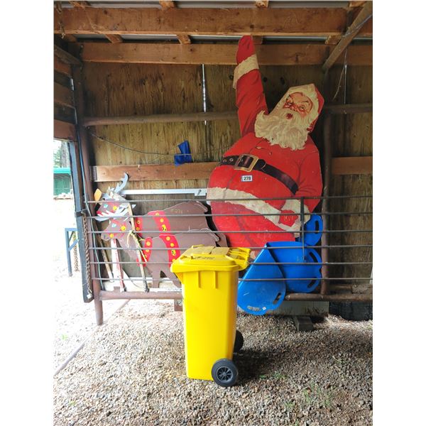 Yellow plastic garbage can & 3- wood X-Mas décor