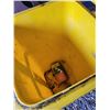 Image 5 : Yellow plastic garbage can & 3- wood X-Mas décor