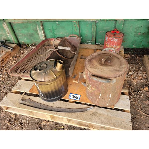 Antique butter churn, coal scoop, seed cleaner & 2- gas tanks