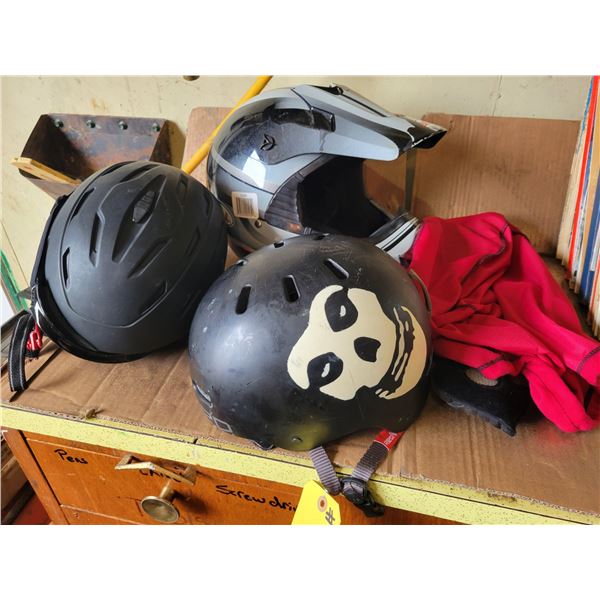 3- Helmets (type: motorcross & skateboard)