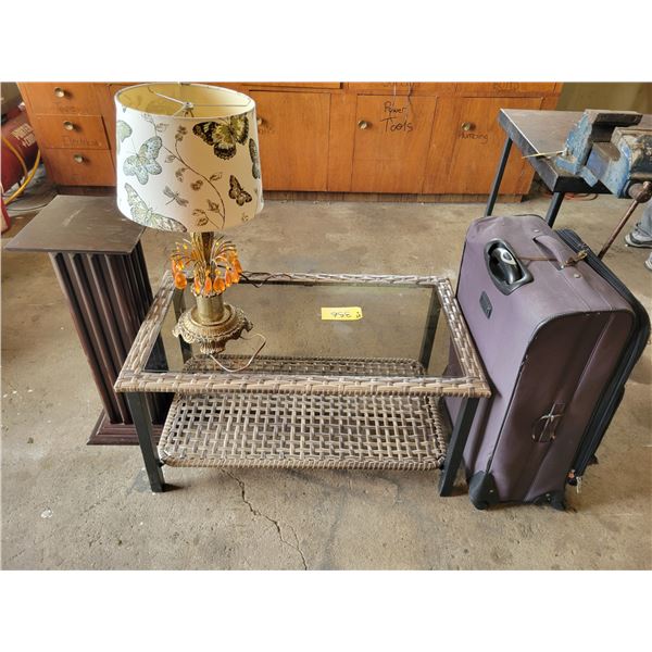 Glass top coffee table, vintage lamp, suitcase & plant stand