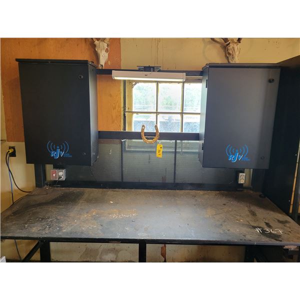 Steel work bench, approx. 90 in. x 36 in. x 36 in. H c/w 2- cabinets, 2- elec. Outlets (wired in) & 