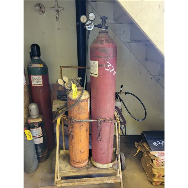 Oxy-Acetylene tanks & stand, cutting torch & selection of tips