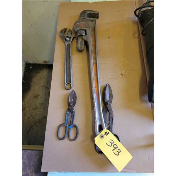 Cresent wrench, 2- tin snips & 24 in. pipe wrench