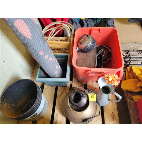 Planters, cast iron pans, camping mat, flower pots, magazine rack & misc.