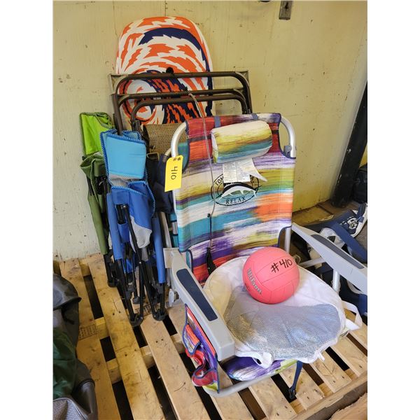 Qty of beach chairs, boogey board, beach ball and misc.