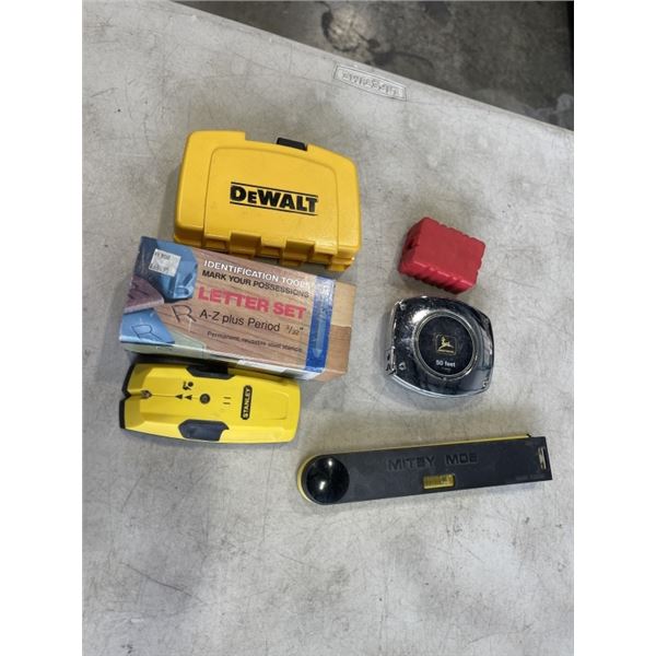 VINTAGE JOHN DEERE MEASURING TAPE, STUD FINDER, PUNCH SET, BIT SET ETC