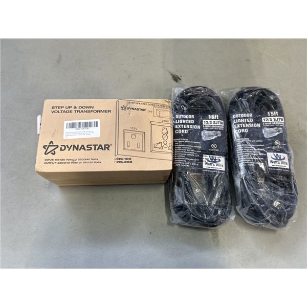 NEW DYNASTAR STEP UP & DOWN VOLTAGE TRANSFORMER AND 2 NEW 15 FT OUTDOOR LIGHTED EXTENSION CORDS