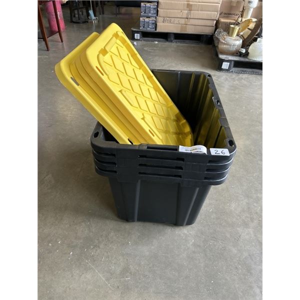 LIKE NEW BLACK AND YELLOW COLOUR LARGE TOTES WITH LIDS SIZE: 102 L  QTY: 3