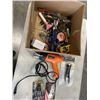 Image 1 : BOX OF TOOLS INCLUDING DEFIANT MULT-TOOL, TAPE MEASURERS, ENGINDOT HEAT GUN