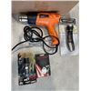 Image 3 : BOX OF TOOLS INCLUDING DEFIANT MULT-TOOL, TAPE MEASURERS, ENGINDOT HEAT GUN