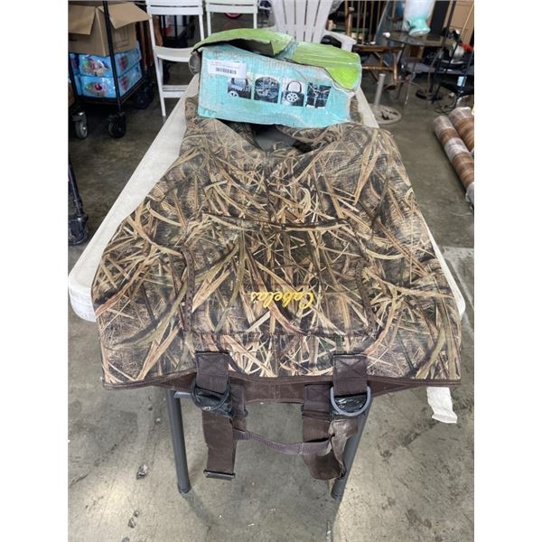 CAMP BBQ AND SIZE 10 CABELAS  FISHING WADERS