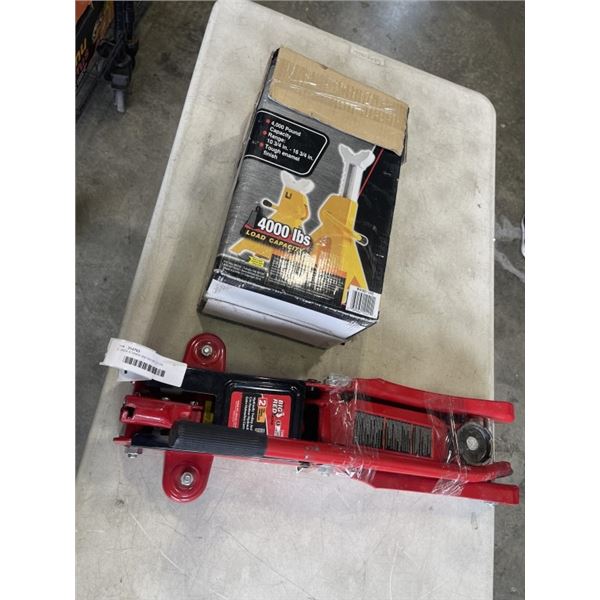 2 JACK STANDS AND BIG RD 2 TON TROLLEY JACK WITH HANDLE