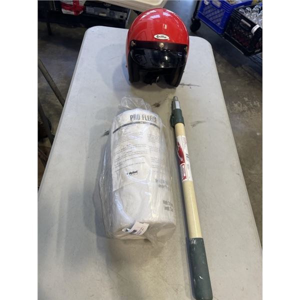 RED MOTORCYUCLE HELMET, EXTENDABLE POLE AND MICRO FLEECE ROLL
