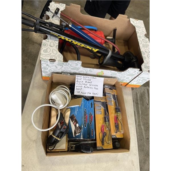 WOOD BUNING TOOLS, GLUE GUN AND STICKS, ETC, AND BOX OF BIKE PUMPS